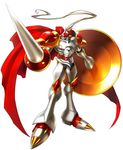  cape digimon digimon_story:_cyber_sleuth digital_hazard dukemon full_armor knight lance no_humans official_art pauldrons polearm red_cape shield simple_background solo weapon yasuda_suzuhito yellow_eyes 