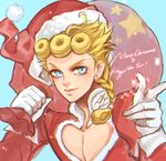  bad_id bad_pixiv_id blonde_hair blue_eyes braid christmas earrings giorno_giovanna gloves happy_new_year hat igawa jewelry jojo_no_kimyou_na_bouken male_focus merry_christmas new_year pointing santa_costume santa_hat solo sparkle white_gloves 