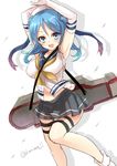  bad_id bad_pixiv_id blue_eyes blue_hair double_bun elbow_gloves gloves harimoji hat highres kantai_collection long_hair sleeves_rolled_up smile solo uniform urakaze_(kantai_collection) white_hat 