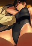  black_eyes black_hair clothes_removed competition_swimsuit highleg highleg_swimsuit lvi lying on_back one-piece_swimsuit original short_hair solo swimsuit 