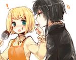  2girls apron aqua_eyes bad_id bad_pixiv_id batter black_hair blonde_hair chocolate collared_shirt dominica_s_gentile green_eyes hloox jane_t_godfrey licking long_sleeves multiple_girls open_mouth shirt short_hair sidelocks simple_background tongue tongue_out uniform whisk white_background world_witches_series yuri 