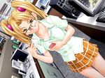  blonde_hair computer game_cg glasses grin indoors looking_at_viewer pen plaid plaid_skirt shop skirt smile solo store twintails 