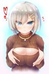  alternate_costume bad_id bad_pixiv_id blue_eyes breasts cleavage cleavage_cutout cyanomirahi hair_ornament hair_over_one_eye hairclip hamakaze_(kantai_collection) kantai_collection large_breasts meme_attire open-chest_sweater ribbed_sweater short_hair silver_hair solo sweater turtleneck 