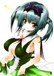  armpits blue_hair breasts cleavage cleavage_cutout copyright_request covered_nipples dabosu green_eyes hair_ribbon huge_breasts ribbon solo twintails 
