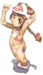  adjusting_clothes adjusting_hat armpits arms_up ass bikini blush braid brown_eyes brown_hair child flat_chest full_body hat long_hair low-tied_long_hair original parted_lips satou_toshiyuki side-tie_bikini simple_background smile solo standing swimsuit twisted_torso visor_cap white_background 