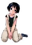  black_hair blue_eyes copyright_request expressionless full_body hands_together head_tilt kneeling satou_toshiyuki short_hair simple_background solo suspenders v_arms white_background 