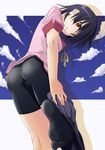  ass bakemonogatari bike_shorts feet hands kanbaru_suruga kuronyan monogatari_(series) red_eyes school_uniform short_hair socks solo undressing 