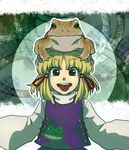  :p ashijirou bad_id bad_pixiv_id blonde_hair frog moriya_suwako object_on_head short_hair solo tongue tongue_out touhou 