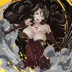  bare_shoulders black_dress black_hair breasts cleavage dress fullmetal_alchemist gloves hexagram highres knife_(artist) large_breasts lipstick long_hair lust makeup ouroboros purple_eyes smoke solo tattoo wavy_hair 