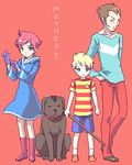  2boys artist_request blonde_hair blue_eyes boney boots brown_eyes brown_hair dog duster_(mother) gloves hood hoodie kumatora lowres lucas mother_(game) mother_3 multiple_boys oekaki pink_hair short_hair stick tomboy 