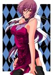  argyle argyle_background bare_shoulders breasts cleavage crossdressing error gundam gundam_00 haruka_(silk_jasmine) large_breasts long_hair male_focus nail_polish purple_hair red_eyes red_nails solo thighhighs tieria_erde 