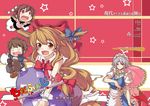  4girls :d bare_shoulders blue_skirt blush bottle bow bowtie geta hidori_(hibi_toridori) horns ibuki_suika izayoi_sakuya long_hair multiple_girls oni open_mouth orange_hair red_bow red_eyes red_neckwear remilia_scarlet shameimaru_aya shirt skirt sleeveless sleeveless_shirt smile tareme tengu-geta touhou very_long_hair white_shirt 