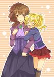  arm_hug bad_id bad_pixiv_id blonde_hair blush brown_eyes brown_hair closed_eyes dress error kneehighs mini_mamu mother_and_daughter multiple_girls ponytail simple_background skirt socks sparkle umineko_no_naku_koro_ni ushiromiya_jessica ushiromiya_natsuhi 