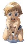  :o all_fours bikini_top blue_eyes brown_hair child copyright_request denim denim_shorts eyebrows_visible_through_hair full_body kneeling leaning_forward looking_at_viewer navel open_mouth round_teeth satou_toshiyuki short_hair shorts simple_background solo surprised teeth upper_teeth white_background 