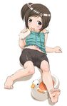  baby_bottle barefoot bike_shorts blush bottle brown_hair child copyright_request covered_nipples equal_(melomelopunch) feet flat_chest highres potty side_ponytail soles solo tongue 