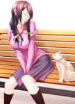  bad_id bad_pixiv_id bakemonogatari bench braid breasts cat closed_eyes glasses hair_ornament hanekawa_tsubasa large_breasts lips long_hair monogatari_(series) nekomonogatari shokuyou_mogura sitting solo twin_braids 