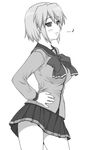  :3 cosplay greyscale hand_on_hip highres kotonomiya_yuki monochrome school_uniform shichimenchou short_hair simple_background solo suigetsu 