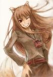  ;d animal_ears brown_hair grin head_tilt highres holo jewelry long_hair necklace one_eye_closed open_mouth red_eyes shikao_(monkey) smile solo spice_and_wolf tail wolf_ears wolf_tail 