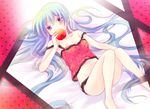  apple bare_shoulders barefoot blue_eyes blue_hair camisole eating food fruit hatsune_miku holding holding_food holding_fruit long_hair polka_dot romeo_to_cinderella_(vocaloid) solo tachitsu_teto very_long_hair vocaloid 