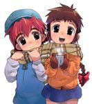  blush braid brown_hair child coffee happy hat long_hair multiple_girls original plaid plaid_scarf red_hair satou_toshiyuki scarf shared_scarf skirt 