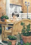  black_hair blush brown_eyes camisole cat child copyright_request fence looking_back plant satou_toshiyuki shoes short_hair sitting sneakers solo table 