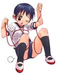  accident black_legwear blue_hair blush brown_eyes buruma copyright_request full_body gym_uniform highres holding jump_rope open_mouth red_rope rope satou_toshiyuki shoes short_hair short_sleeves simple_background socks solo speech_bubble uwabaki white_background wince 