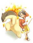  backwards_hat baseball_cap black_hair brown_eyes cue_stick gen_2_pokemon goggles goggles_on_head gold_(pokemon) hat male_focus pokemon pokemon_(creature) pokemon_special shorts typhlosion unagi_(kobucha_blaster) white_background 