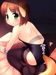  animal_ears back backless_outfit bare_back brown_hair child dog_ears dog_tail green_eyes inuarashi leotard looking_back meiko_(inuarashi) original playboy_bunny_leotard solo tail thighhighs 