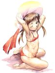  armpits arms_up barefoot bikini blush brown_hair child copyright_request feet hat long_hair looking_at_viewer one_eye_closed red_bikini satou_toshiyuki simple_background sitting solo swimsuit twisted_torso wariza white_background wince 