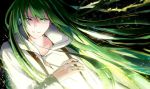  1boy absurdres androgynous collarbone enkidu_(fate/strange_fake) eyebrows_visible_through_hair fate/strange_fake fate_(series) floating_hair green_eyes green_hair grin hair_between_eyes highres long_hair long_sleeves looking_at_viewer male_focus smile solo tarao_(13raven) very_long_hair 