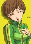  artist_name brown_eyes brown_hair copyright_name hand_on_own_chest one_eye_closed open_mouth persona persona_4 satonaka_chie short_hair solo tama_(tama_sphere) 