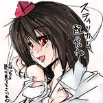  bad_id bad_pixiv_id brown_hair hat looking_at_viewer open_mouth red_eyes shameimaru_aya short_hair smile solo stickam toono_yayoi touhou translated 