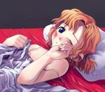  bed bed_sheet blue_eyes blush brown_hair camisole copyright_request lowres lying satou_toshiyuki short_hair sleepy solo strap_slip 