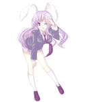  animal_ears blazer bunny_ears imari_yuka jacket loafers long_hair necktie one_eye_closed pleated_skirt purple_hair purple_neckwear red_eyes reisen_udongein_inaba shoes skirt socks solo touhou tsukumiya_amane 