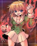  blonde_hair blue_eyes bow brass_knuckles clenched_hands fang glowing kurogarasu school_uniform serafuku short_hair skirt solo umineko_no_naku_koro_ni ushiromiya_jessica weapon 