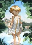  barefoot brown_hair child city closed_eyes copyright_request day dress flat_chest nature open_mouth outdoors satou_toshiyuki short_hair skirt_hold sleeveless sleeveless_dress soaking_feet solo standing water 