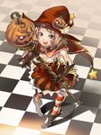  blonde_hair boots checkered fang food_themed_hair_ornament gloves hair_ornament halloween hat highres jack-o'-lantern knife_(artist) original pumpkin pumpkin_hair_ornament red_eyes short_hair solo staff star striped striped_legwear thighhighs witch witch_hat 