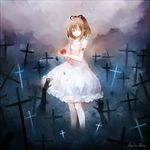  arm artist_name blue_eyes brown_hair cross dhiea dress flower frills graveyard hands reimei_lorelei rose short_hair shoujo_byou solo white_dress 