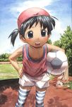  ball black_eyes black_hair blush carrying_under_arm copyright_request day hand_on_hip hat holding holding_ball jersey open_mouth outdoors satou_toshiyuki shirt shorts side_ponytail soccer_ball solo standing striped striped_legwear telstar thighhighs tomboy upper_teeth 