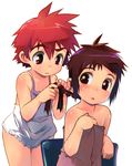  blush braid brown_eyes brown_hair camisole child comb multiple_girls naked_towel original red_hair satou_toshiyuki towel 