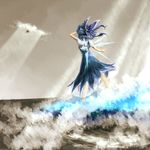  arm_up blue_dress blue_hair cirno cloud cloudy_sky daro dress from_behind hakurei_reimu highres ice ice_wings light_rays looking_afar monochrome multiple_girls puffy_short_sleeves puffy_sleeves short_sleeves sky spot_color standing touhou wings 