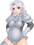  armor braid gloves open_mouth pregnant side_braid silver_eyes silver_hair solo 