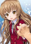  aisaka_taiga blush brown_eyes brown_hair fingernails hands holding_hands lips lipstick long_hair makeup nail_polish oohashi_high_school_uniform out_of_frame pink_nails pov pov_hands school_uniform smile solo_focus sugaishi toradora! 