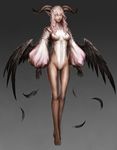  bare_legs barefoot demon_girl feathers highres horns nabe_(crow's_head) original pointy_ears purple_eyes solo white_hair wings 