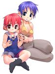  blue_eyes blue_hair breasts brown_eyes child cleavage medium_breasts multiple_girls original red_hair satou_toshiyuki short_hair sitting socks 