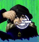  black_hair coat ghost_in_the_shell ghost_in_the_shell_stand_alone_complex hood laughing_man logo solo waraccha_otoko zipper 