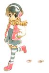  blush boots cardigan child copyright_request earmuffs satou_toshiyuki scarf short_hair smile solo striped striped_legwear striped_scarf thighhighs 