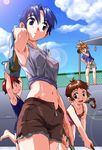  3girls blue_hair braid cleaning denim denim_shorts long_hair midriff multiple_girls original pool satou_toshiyuki short_hair shorts sweat 