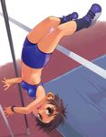  bike_shorts brown_eyes brown_hair from_above jumping midriff navel open_mouth original pole_vault satou_toshiyuki short_hair single_vertical_stripe solo sports_bra suspension sweat upside-down wristband 