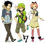  2boys :p alternate_costume backpack bag blonde_hair bow bracelet casual child dress facial_mark haruno_sakura headphones i_(kaiyou) jewelry kneehighs legs multiple_boys naruto naruto_(series) pink_hair plaid plaid_scarf scarf short_hair socks star striped striped_legwear team7 thighhighs tongue tongue_out uchiha_sasuke uzumaki_naruto whisker_markings 